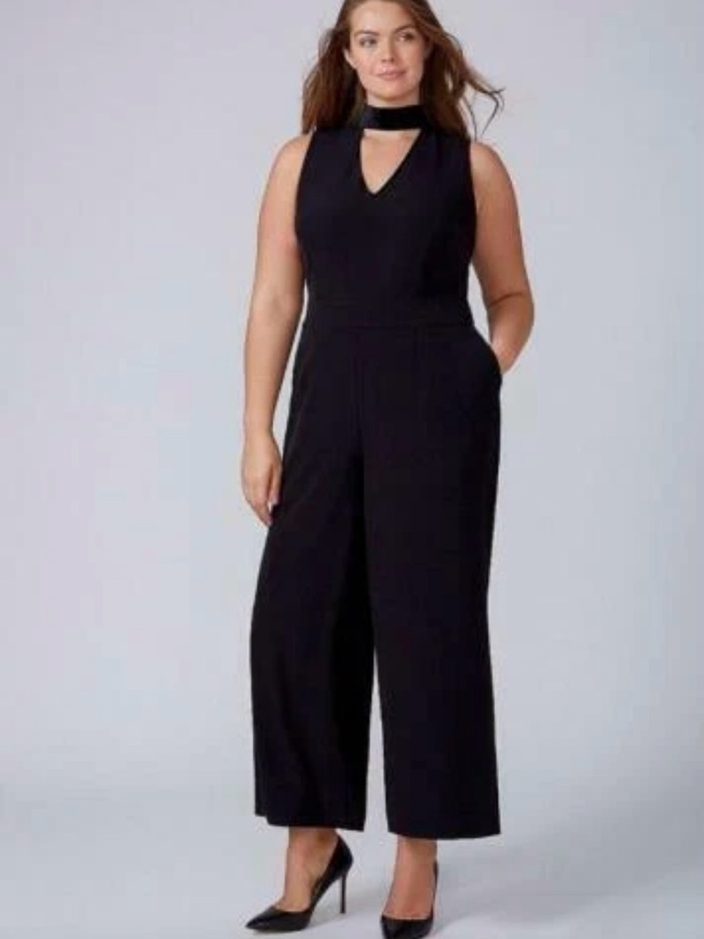 Lane Bryant Sleeveless V neck/ back jumpsuit. Velvet choker neckline. Size 18.
